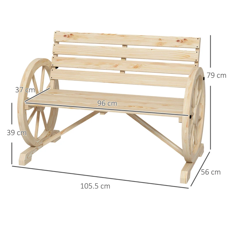 Outsunny Panchina da Giardino 2 Posti a Doghe con Braccioli a Ruota di Carro, in Legno, 105.5x56x79 cm, color Legno