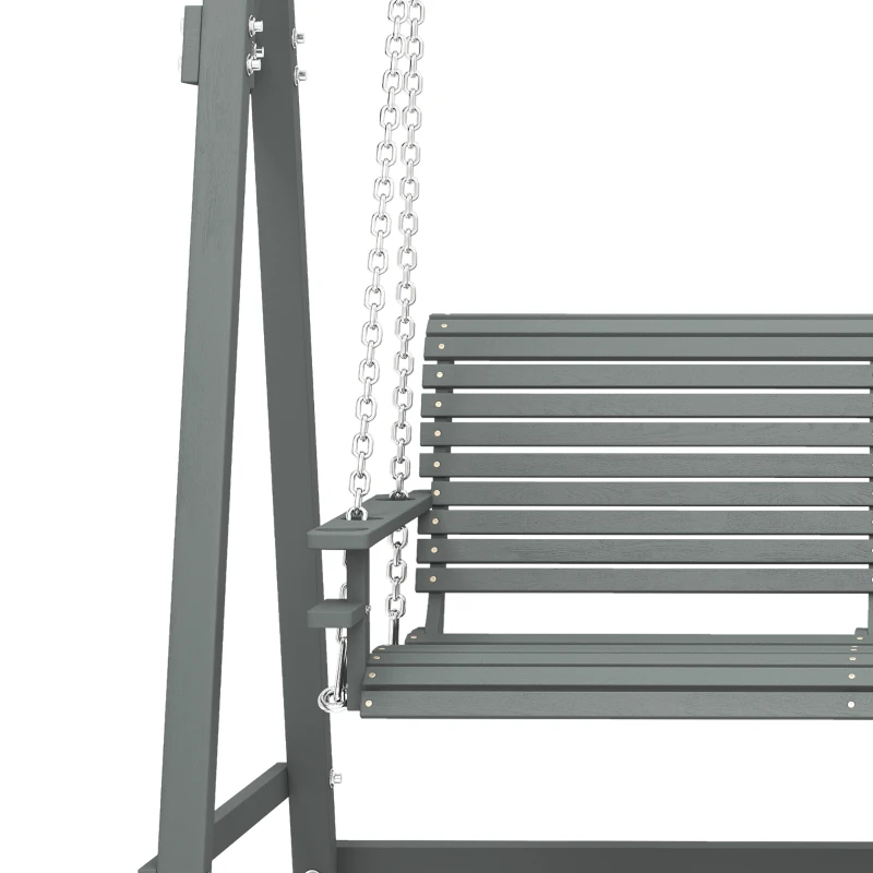Outsunny 2 Seater Garden Swing Seat, Wooden Swing Chair Bench with Cup Holders for Outdoor Porch Patio, Grey