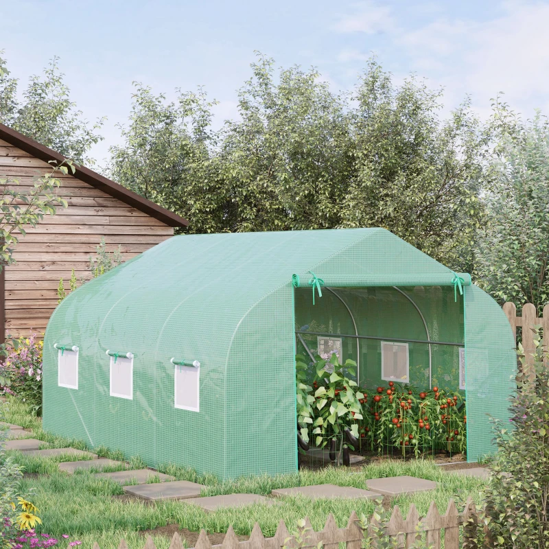 Outsunny Serra da Giardino 3.5 x 3 x 2m con Tetto Spiovente in PE, Porta e 6 Finestre, Verde