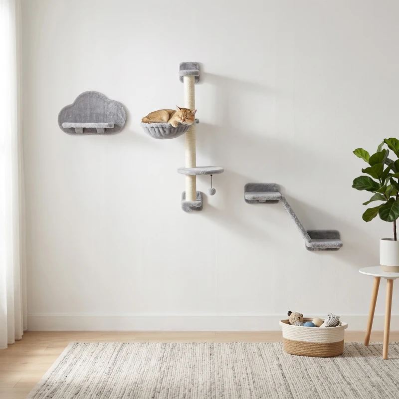 Three-Piece Wall-Mounted Cat Shelves, with Hammock, Ladder, Platforms, Scratching Post - Grey