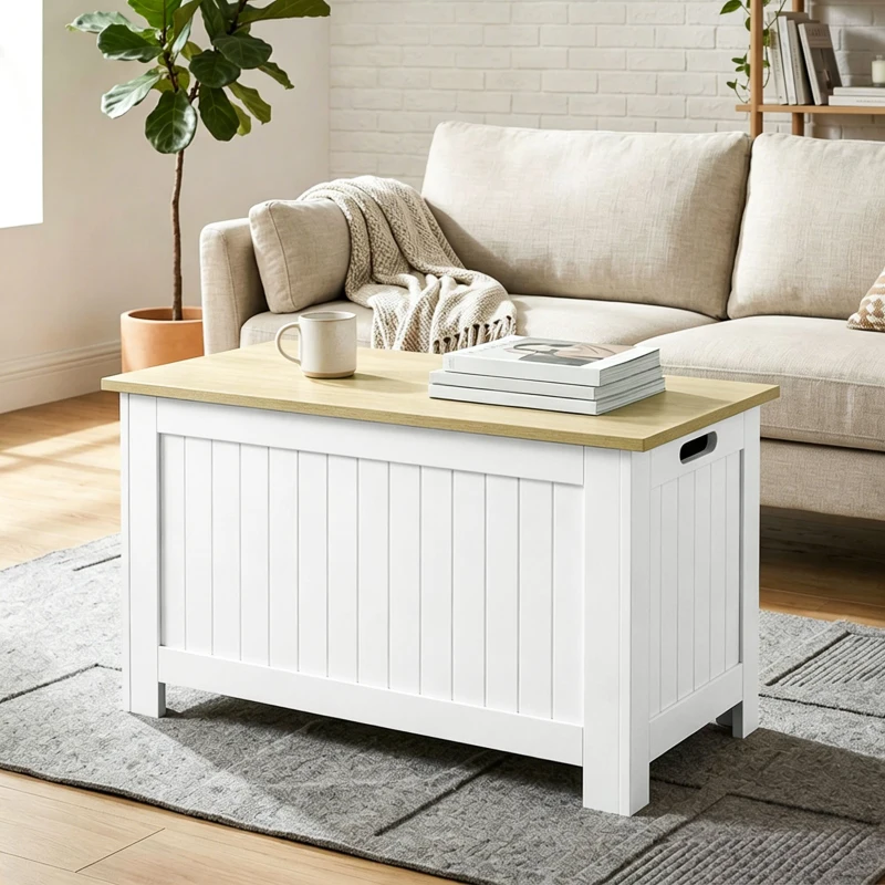 HOMCOM Baúl de Almacenaje 90 L con Tapa Baúl de Almacenaje Versátil con Bisagra de Seguridad 80,5x40x46,4 cm Natural y Blanco
