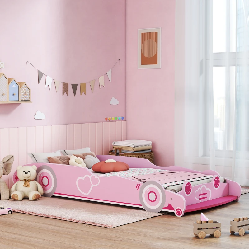 AIYAPLAY Cama Infantil 70x140 cm con Barrera Anticaídas y Somier Cabecero en Forma de Coche Rosa