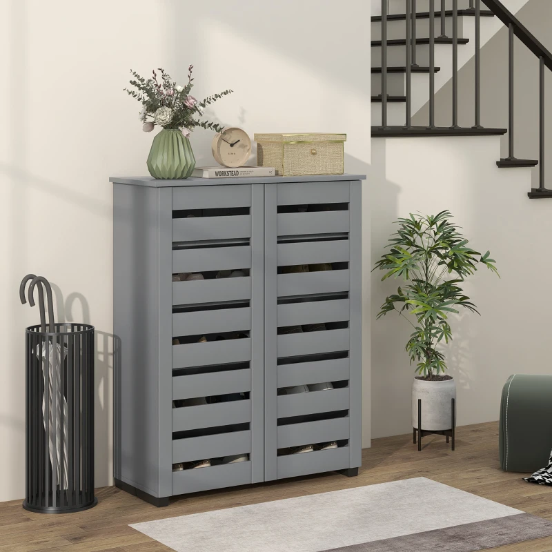 HOMCOM Narrow Shoe Cabinet for Entryway, 5-Tier Slim Shoe Storage Cabinet with 2 Slatted Doors and Adjustable Shelves Grey