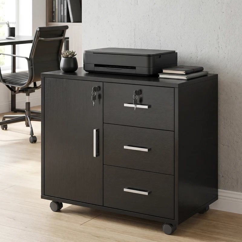 HOMCOM Caisson bureau meuble de rangement verrouillable avec 3 tiroirs et étagère réglable, roulettes, 40 x 60 x 56 cm, noir