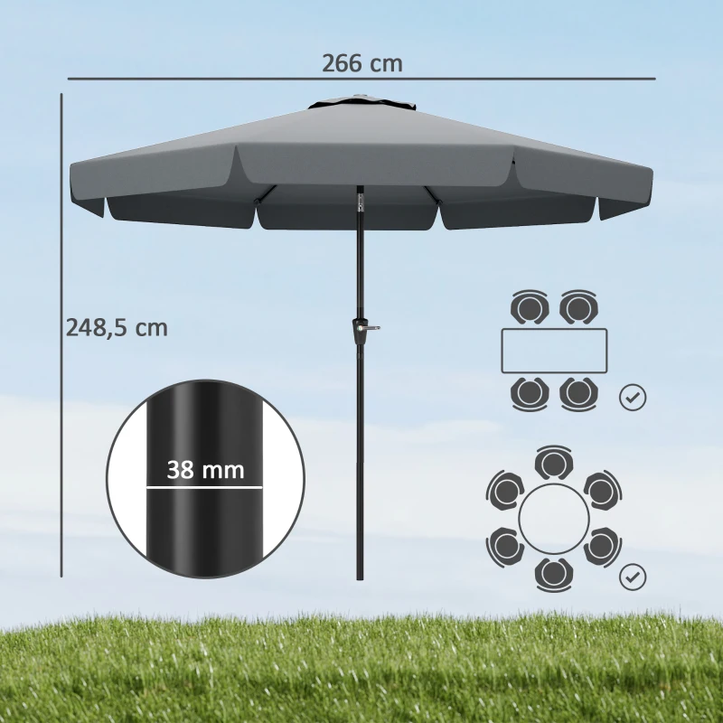 Outsunny Parasol de Jardín de Aluminio Ø266x250 cm con Ángulo Ajustable Protección UV50+ Techo de Ventilación y Manivela Gris