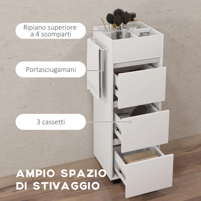HOMCOM Mobiletto da Bagno con 4 Scomparti, 3 Cassetti e Porta Asciugamani, 35 x 30 x 90 cm, Bianco