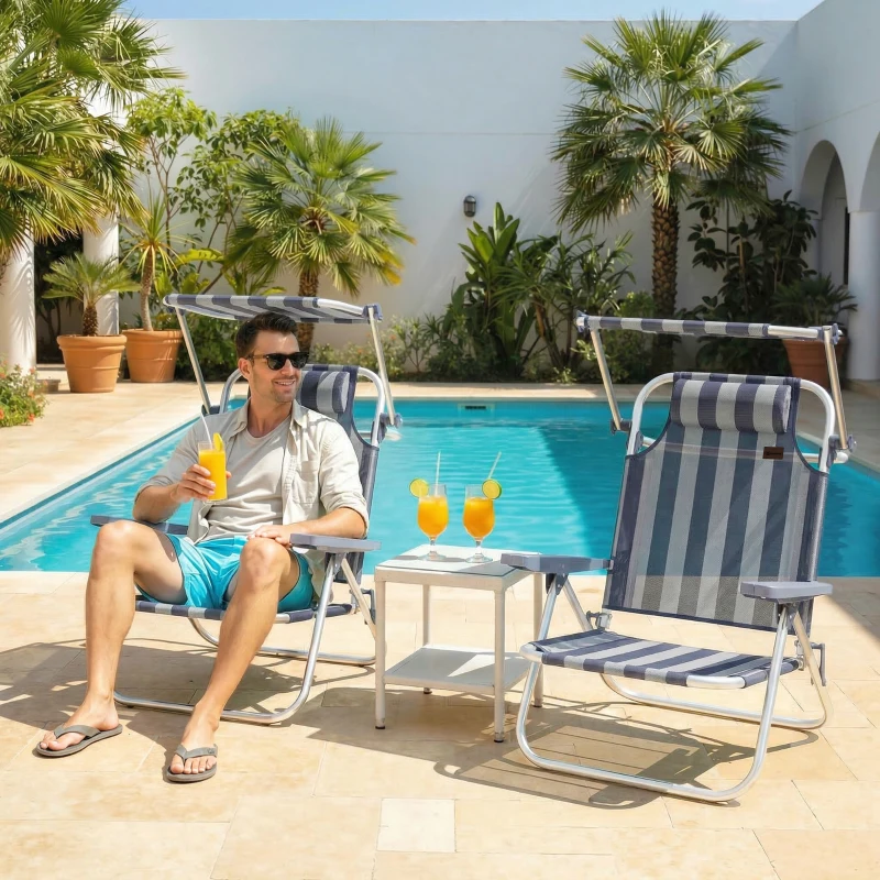 Outsunny Conjunto de 2 Cadeiras de Praia Dobráveis com Toldo Ajustável, Encosto Reclinável em 6 Posições e Apoio de Cabeça, Azul e Branco