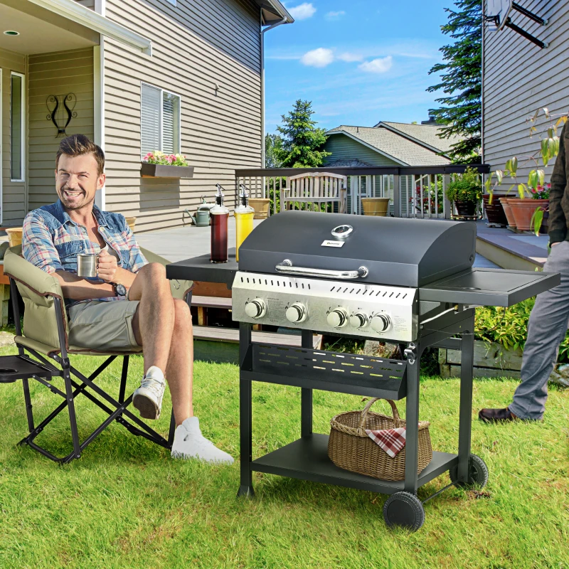 Outsunny Five-Burner Steel Gas Grill, with Thermometer - Black