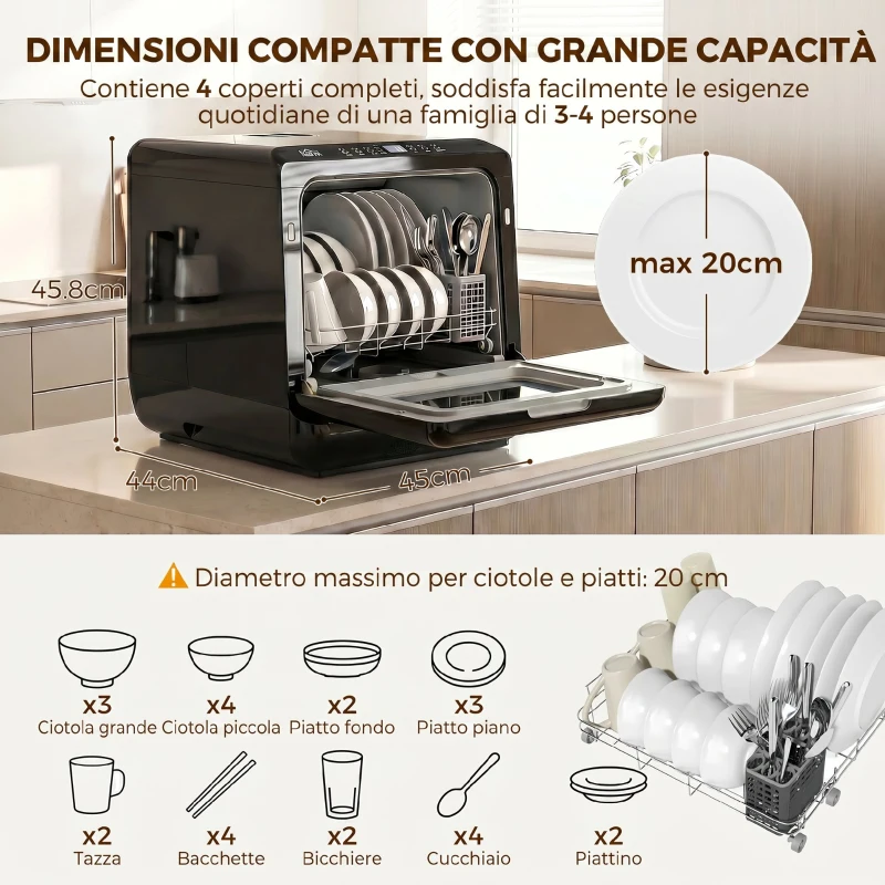 HOMCOM Lavastoviglie da Tavolo, con Serbatoio Integrato da 6 L, 5 Programmi, 4 Coperti e Display LED, Nero