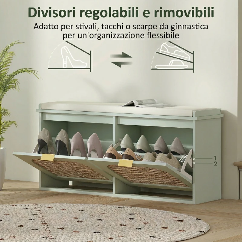 HOMCOM Panca portascarpe con seduta imbottita e anta in rattan, 104x26x47,5 cm, Verde