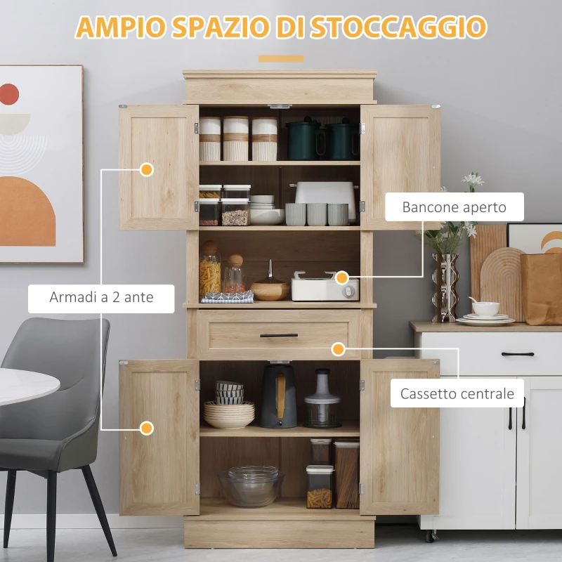 HOMCOM Credenza Buffet da Cucina con Armadi, Ripiani Regolabili, Cassetto e Ripiano Aperto, Stile Moderno per Sala da Pranzo, Soggiorno, 74 x 39,5 x 183 cm, Quercia Chiara