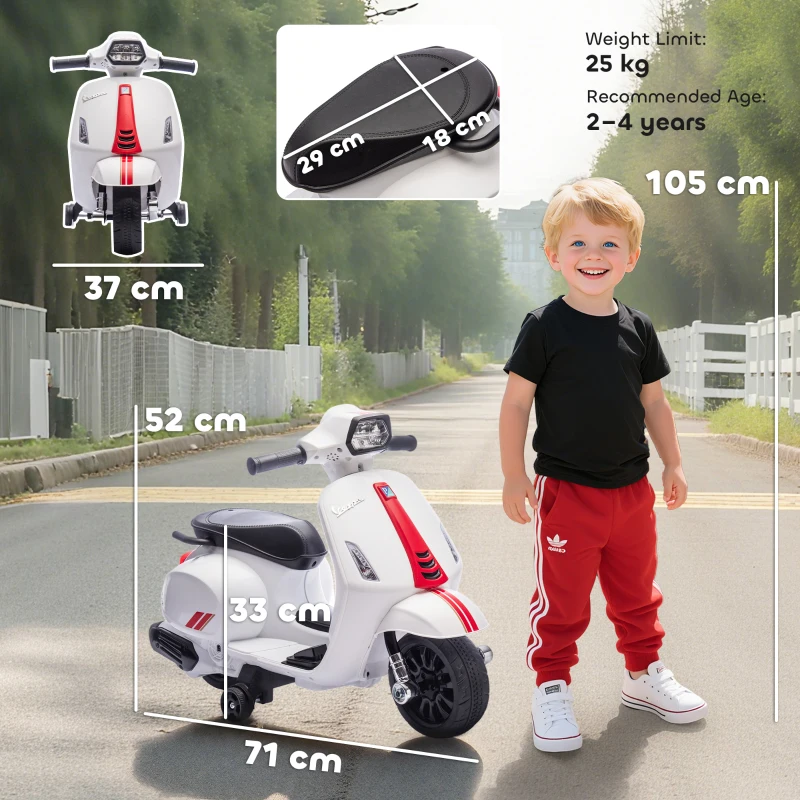 AIYAPLAY Moto Elettrica per Bambini Licenza Vespa, Batteria Ricaricabile 6V, Rotelle e Luci, Età 2-4 Anni, Bianco