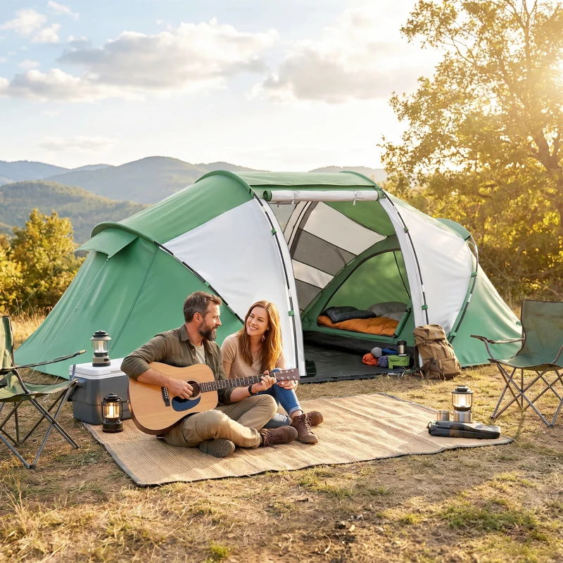 Outsunny 4 Man UV Protection Camping Tent - Green and White