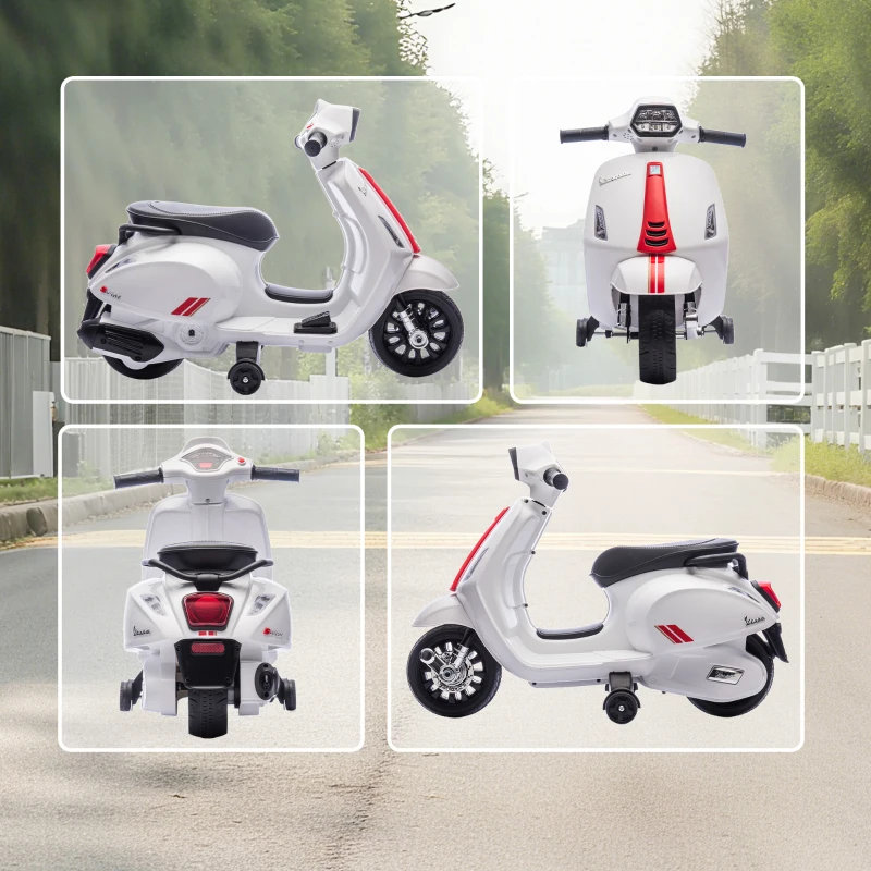 AIYAPLAY Moto Elettrica per Bambini Licenza Vespa, Batteria Ricaricabile 6V, Rotelle e Luci, Età 2-4 Anni, Bianco