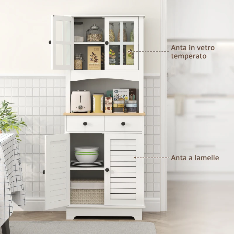 HOMCOM Armadio da Cucina con Porte in Vetro, 2 Cassetti, Armadio per Stoviglie, Armadio da Sala da Pranzo, Legno, 68 x 39,5 x 170 cm, Bianco