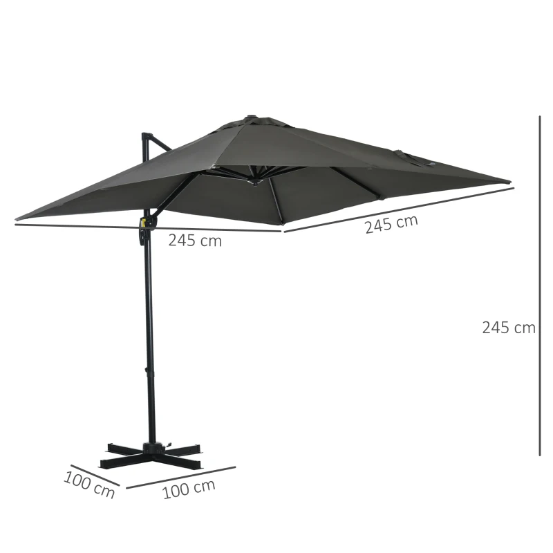 Outsunny 2.5 x 2.5 m Patio Offset Parasol, Cantilever Hanging Umbrella with Aluminium Pole, Sun Shade Canopy Shelter with 360° Rotation, Crank Handle and Cross Base, Grey