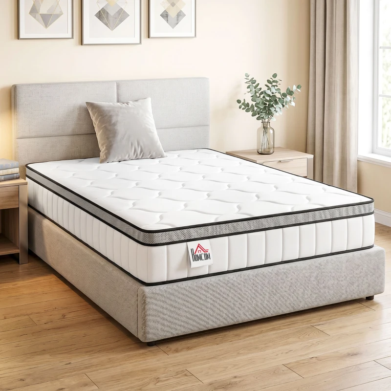 HOMCOM Colchón 90x190 cm 20 cm de Espesor Colchón de Muelles Ensacados 7 Zonas con Espuma Viscoelástica con Gel Refrescante