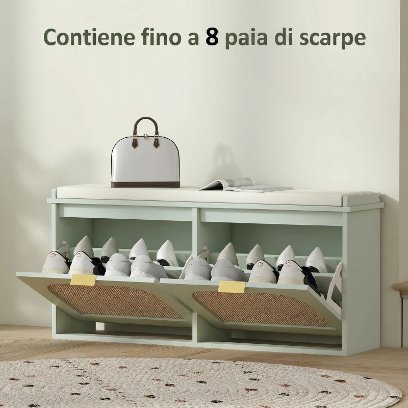 HOMCOM Panca portascarpe con seduta imbottita e anta in rattan, 104x26x47,5 cm, Verde