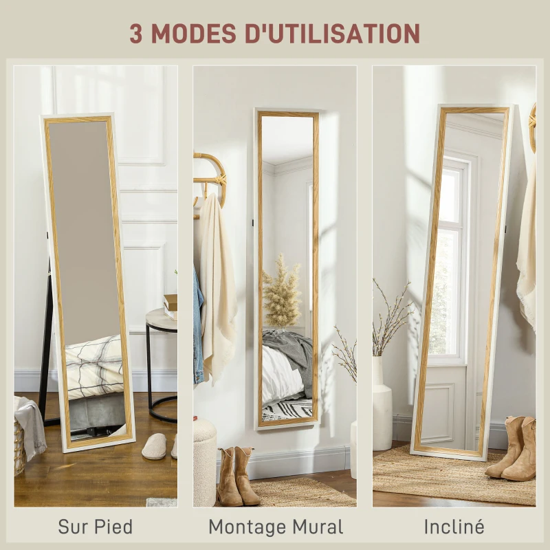 HOMCOM Miroir de sol pleine longueur miroir sur pied avec cadre en effet bois, montage sol, suspendu, appuyé, 157 x 37 cm blanc