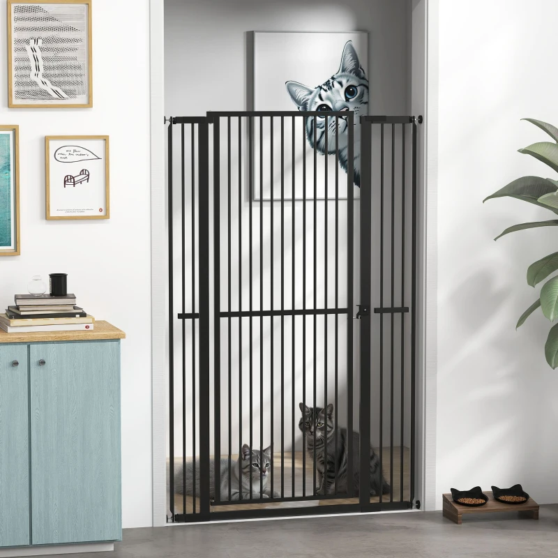 PawHut Barrera para Perros Extra Alta con Ancho Ajustable 77-104 cm Puerta para Perros con Extensiones y Puerta de Paso Negro