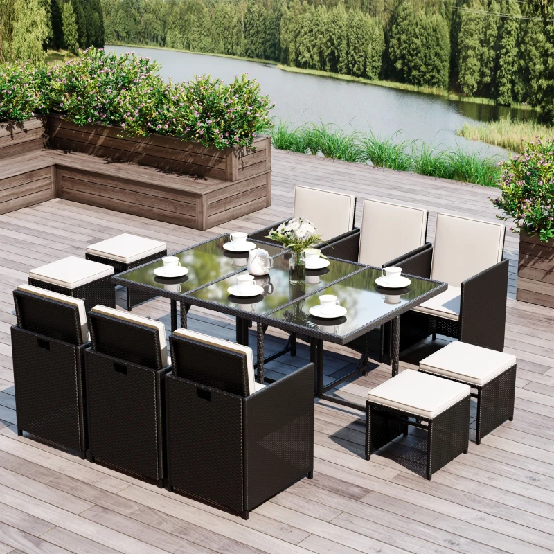 Outsunny Set di Mobili da Giardino Esterno Set da Pranzo 11pz con Cuscini Nero