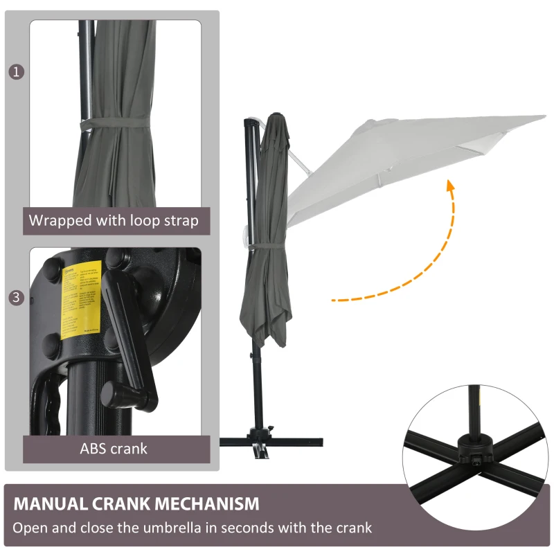 Outsunny 2.5 x 2.5 m Patio Offset Parasol, Cantilever Hanging Umbrella with Aluminium Pole, Sun Shade Canopy Shelter with 360° Rotation, Crank Handle and Cross Base, Grey