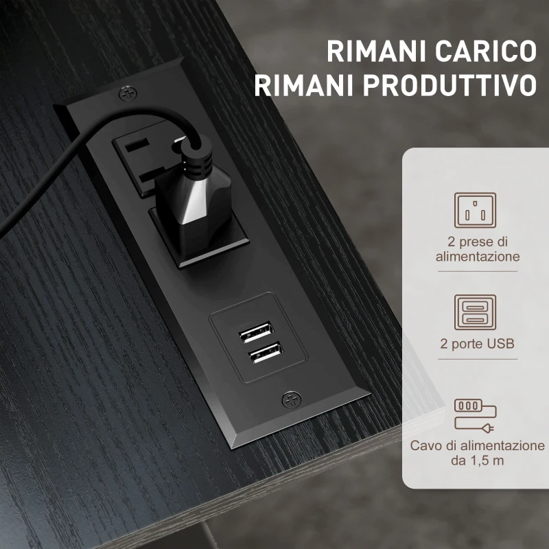 HOMCOM Scrivania con Altezza Regolabile, con Ruote, Prese e Porte USB, 80x60 cm, Nero