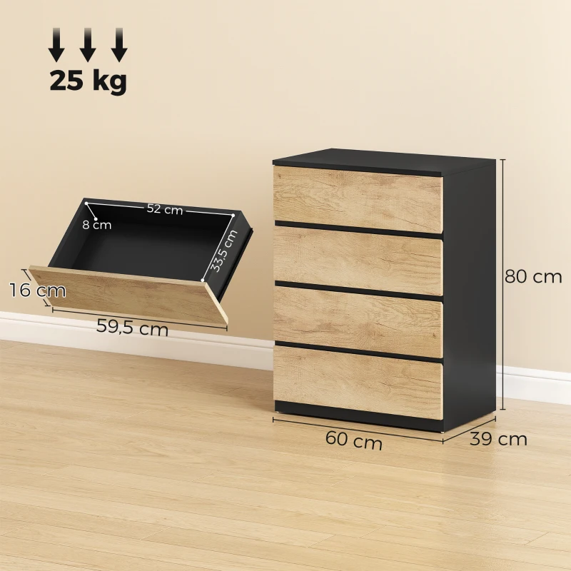 HOMCOM Commode 4 tiroirs en bois avec rails métalliques et poignées rainurées, 60x40x80 cm, Noir et Chêne