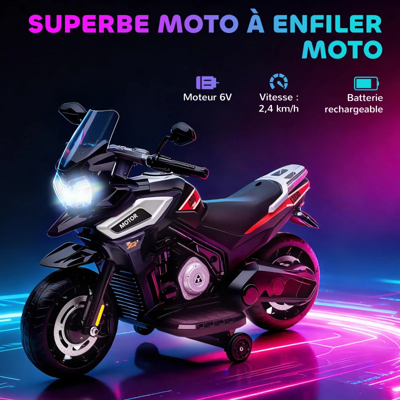 AIYAPLAY Moto électrique enfants 6 V, voiture électrique enfants avec roues d'entraînement, musique, effets lumineux, noir