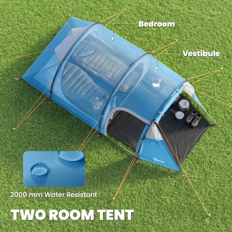 Outsunny 2-3 Man Tunnel Tent with Vestibule, Weather-Resistant Camping Tent with Air Vents for Fishing Hiking, Light Blue & Grey