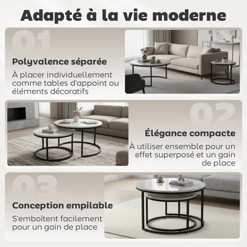 HOMCOM Lot de 2 tables basses gigognes empilable design industriel pieds en métal gris