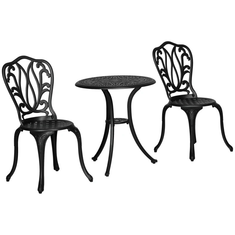 Outsunny Set da Giardino 3pz con 2 Sedie da Esterno e Tavolino in Vetro con Foro per Ombrellone, in Alluminio, Nero