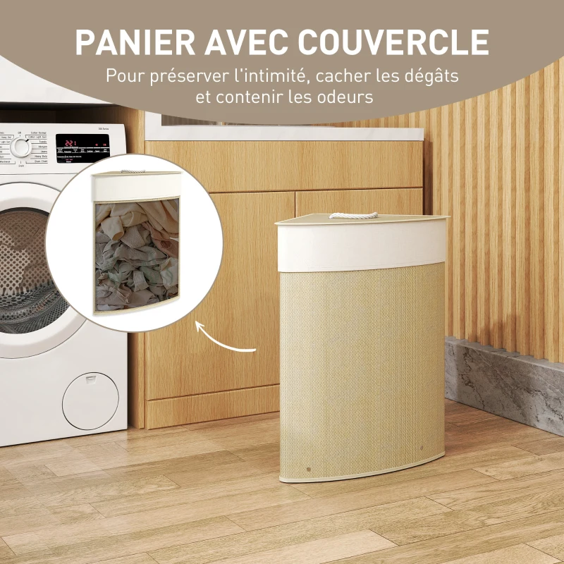 HOMCOM Panier à Linge en Bambou 55L, Panier Triangle avec Sac Amovible et Lavable, Couvercle, Poignée, 35x35x60cm, Naturel
