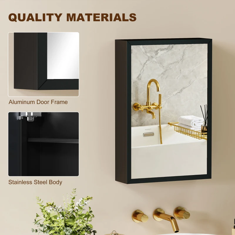 kleankin Bathroom Cabinet with Mirror, Wall Mounted Bathroom Mirror Cabinet with Storage Shelves, 40 x 12 x 60 cm, Black
