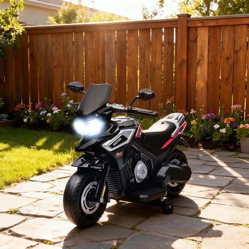 AIYAPLAY Moto électrique enfants 6 V, voiture électrique enfants avec roues d'entraînement, musique, effets lumineux, noir