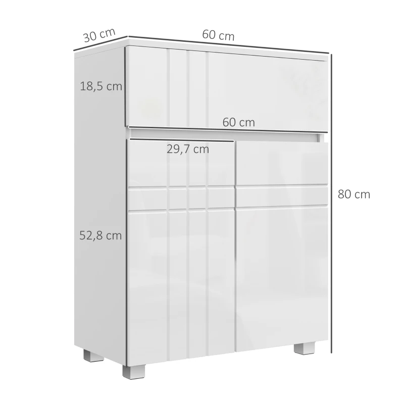 kleankin Mobiletto da Bagno su Piedi con 2 Porte e 1 Cassetto, Scaffale Regolabile, Bianco Lucido