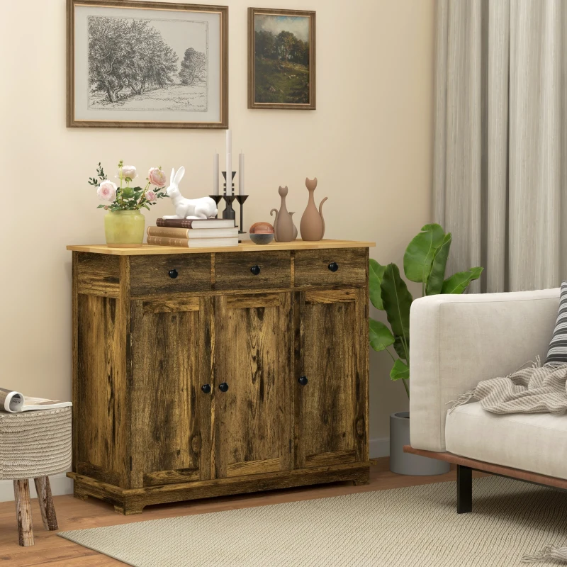 HOMCOM Sideboard with Rubberwood Top and Adjustable Shelves for Dining Room, Kitchen - Rustic Brown