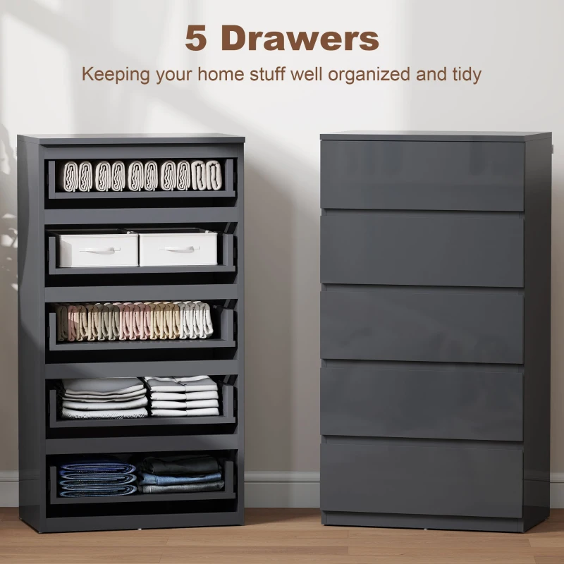 HOMCOM 5-Drawer Modern Dresser, High Gloss Storage Drawer Unit for Bedroom, Grey