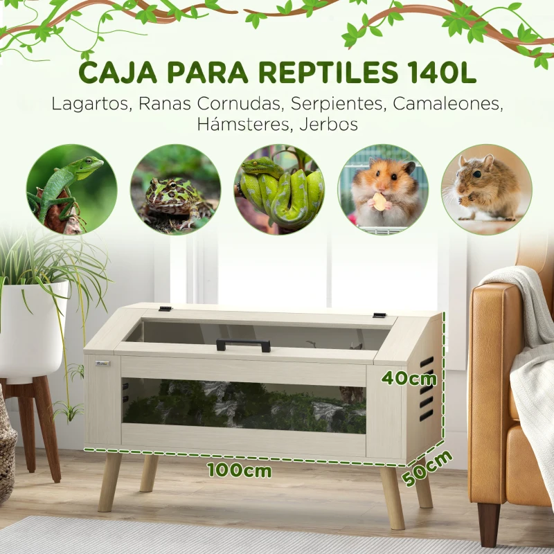 PawHut Terrario para Reptiles con Ventanas de Vidrio Templado Tapa Abatible para Serpientes Lagartos 100x50x60 cm Roble