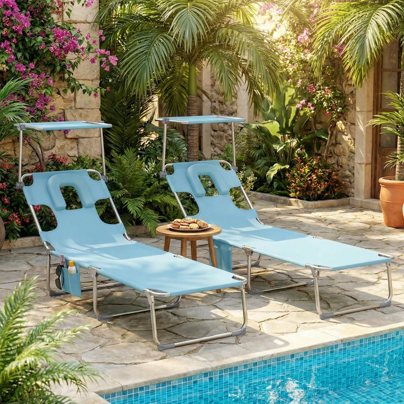 Outsunny Conjunto de 2 Espreguiçadeiras Dobráveis com Dossel 360° Encosto 5 Posições Orifício Facial 188x56x27 cm Azul Claro
