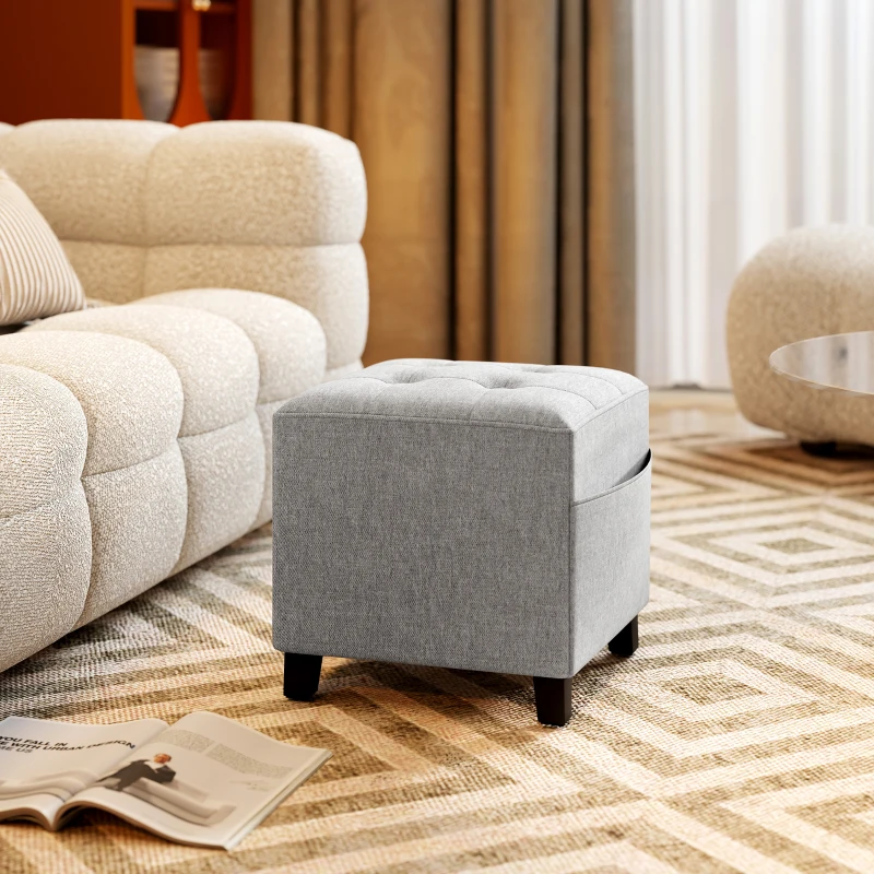 HOMCOM Square Footstool, Small Ottoman with Side Pocket, Linen Fabric Footrest Foot Stool with Rubber Wood Legs and Padded Seat for Living Room, Bedroom, Entryway, 35 x 35 x 35cm, Light Grey