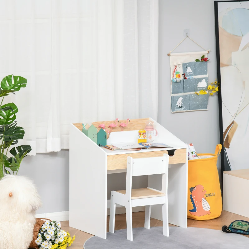 HOMCOM Escritorio para Niños con Silla de 3 a 6 Años con Cajón y Estante para Libros 70x50x75 cm Blanco y Natural