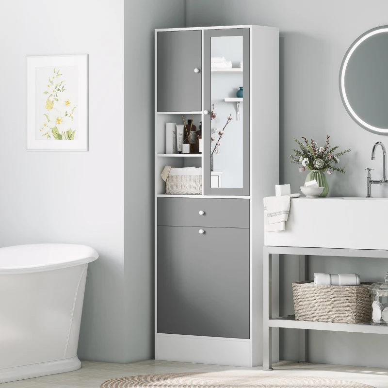 HOMCOM Armadio da bagno con cestino per il bucato e porta specchiata ripiano regolabile 62 x 28,3 x 181 cm grigio e bianco
