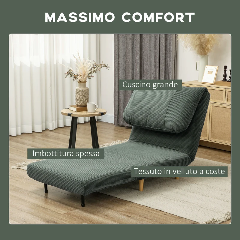 HOMCOM 2-in-1 Poltrona Letto Ospiti, Poggiatesta Regolabile, Velluto a Coste, 82 cm x 89 cm x 83 cm, Verde