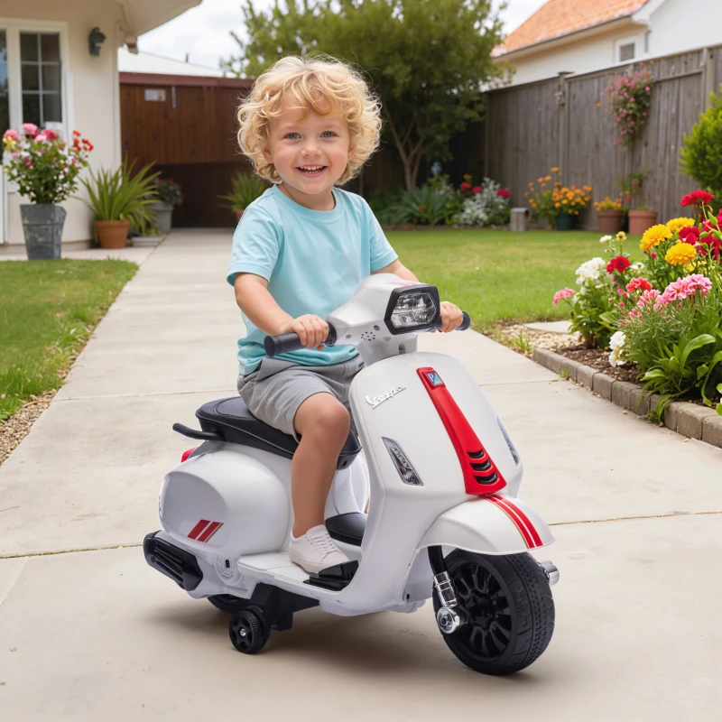 AIYAPLAY Moto Elettrica per Bambini Licenza Vespa, Batteria Ricaricabile 6V, Rotelle e Luci, Età 2-4 Anni, Bianco