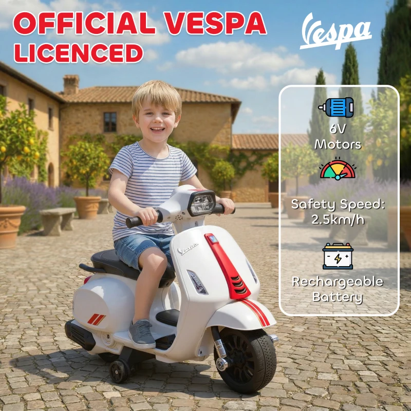 AIYAPLAY Moto Elettrica per Bambini Licenza Vespa, Batteria Ricaricabile 6V, Rotelle e Luci, Età 2-4 Anni, Bianco