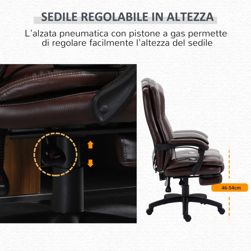 Vinsetto Sedia da Ufficio Massaggiante e Girevole con Funzione Reclinabile, 68,5x68,5x119-127 cm, Marrone