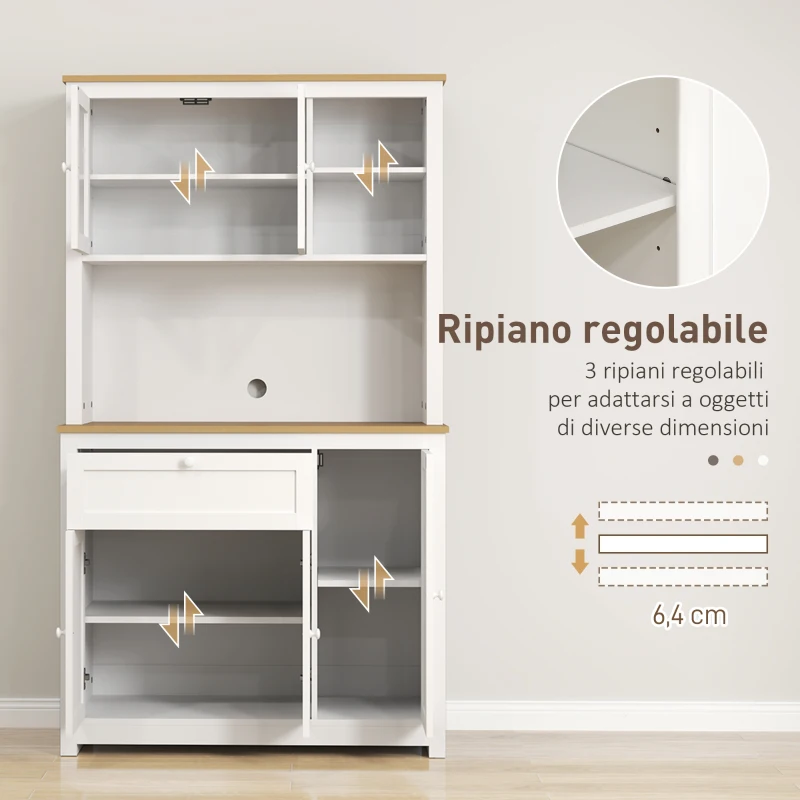 HOMCOM Mobile da cucina stile country con vetrina, cassetto e armadi, Naturale e Bianco