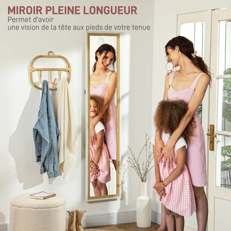 HOMCOM Miroir de sol pleine longueur miroir sur pied avec cadre en effet bois, montage sol, suspendu, appuyé, 157 x 37 cm blanc