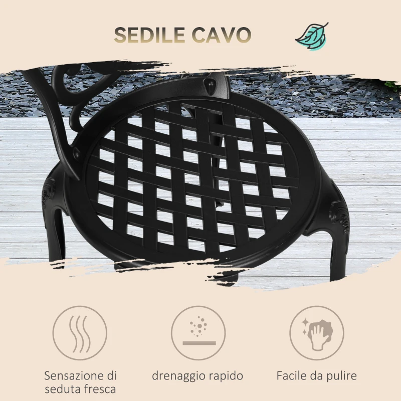 Outsunny Set da Giardino 3pz con 2 Sedie da Esterno e Tavolino in Vetro con Foro per Ombrellone, in Alluminio, Nero